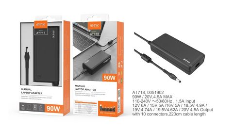 Chargeur universel pour PC port- 10 embouts- 90W- Câble 1.2M- AT718- Noir
