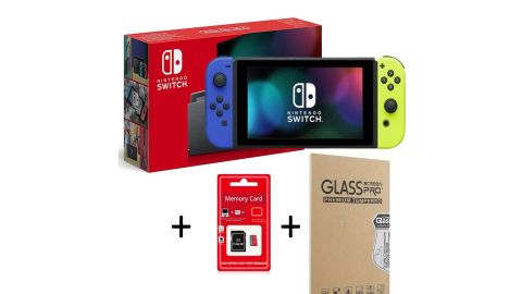 Nintendo Switch en boîte avec Joy-Con Gauche Bleu & Jaune + verre trempé + carte microSD 128 Go
