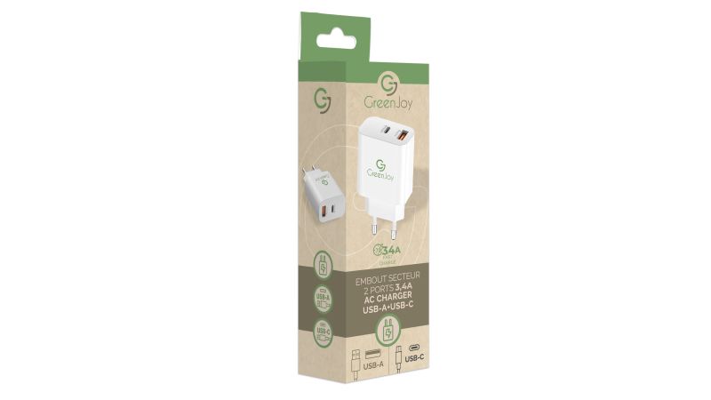 Chargeur Embout secteur 18W / 3,4A - 2 ports (1 USB et 1 type C) - Blanc